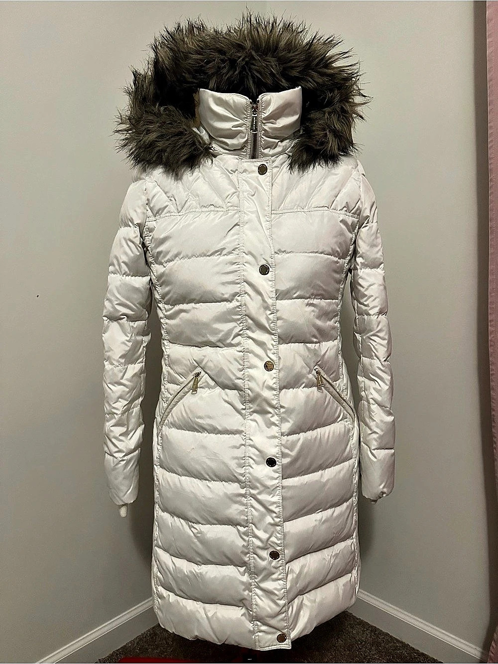 Michael Kors Faux Fur Trim Quilted Down Puffer Coat White Hooded Long Puffer Co